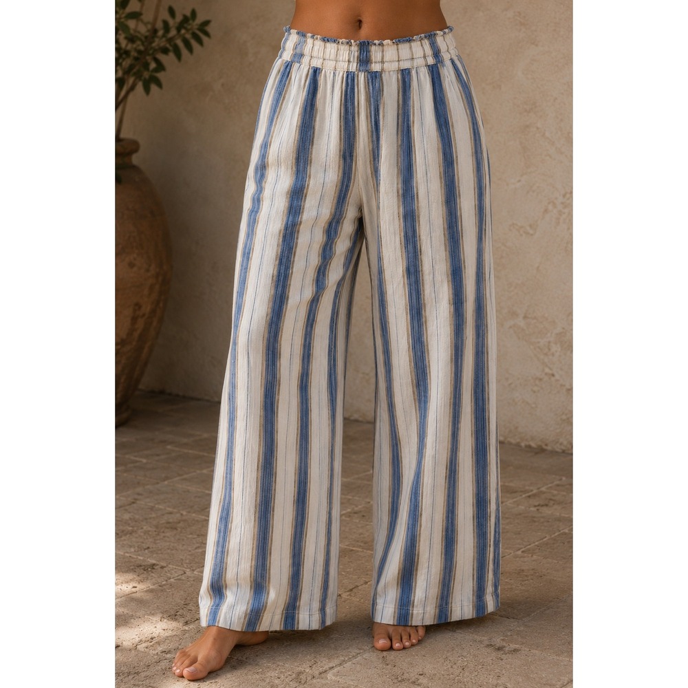 Banjara Striped Wide Leg Linen Blend Pants Blue Tan Womens Medium